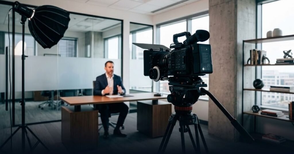Professional production team filming a brand video shoot in a modern office setting.
