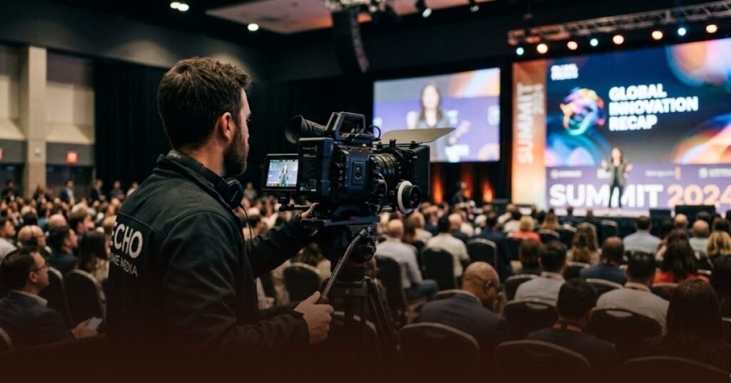 Behind-the-scenes view of a video camera capturing a speaker on stage for a conference recap video.