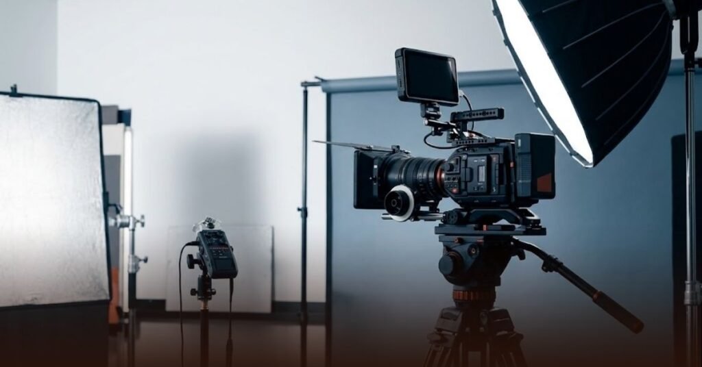 A professional camera setup on a tripod with studio lighting in a production studio.