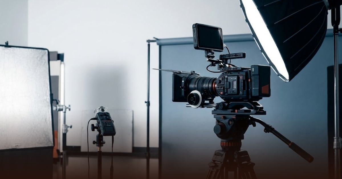 A professional camera setup on a tripod with studio lighting in a production studio.